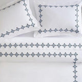 Luxury New White Cotton Satin With Blue Flowered Embroidery Duvet Set - The Linen House