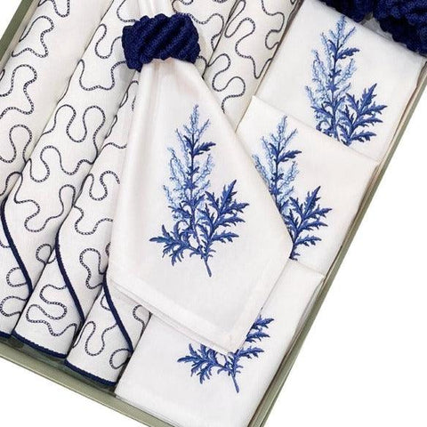 Mat & Napkin Modi Off White with Navy with Blue Twig - The Linen House
