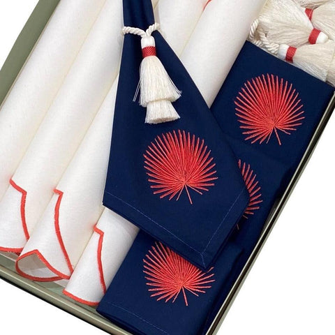 Navy Mat & Napkin With Coral Fan Leaf Embroidery - The Linen House