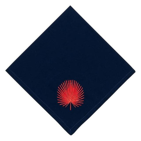 Navy Mat & Napkin With Coral Fan Leaf Embroidery - The Linen House