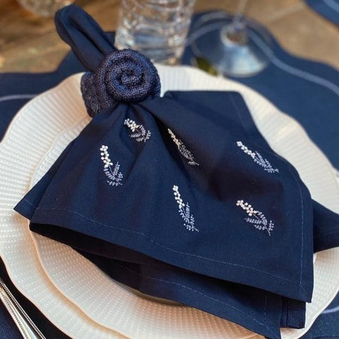 Navy Napkin & Mat with Off White and Blue Atena Small Flowers embroidery - The Linen House