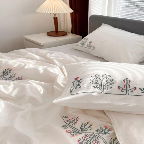 New Flowered Geometric Embroidered Duvet Set - The Linen House