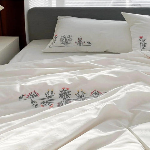 New Flowered Geometric Embroidered Duvet Set - The Linen House