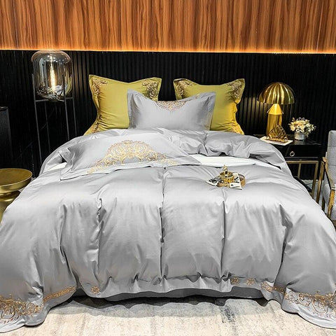 New Gleaming Embroidery with Grey Sateen Duvet Set - The Linen House