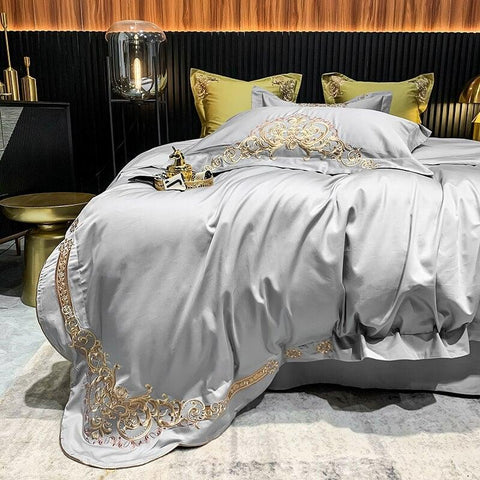 New Gleaming Embroidery with Grey Sateen Duvet Set - The Linen House