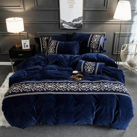 New Luxury Blue Embroidered Velvet Duvet - The Linen House