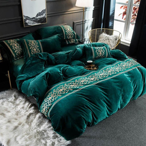 New Luxury Leafy Green Embroidered Velvet Duvet - The Linen House