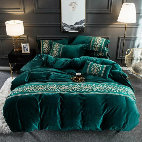 New Luxury Leafy Green Embroidered Velvet Duvet - The Linen House