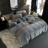 New Luxury Silvery Grey with Skin Embroidered Velvet Duvet set - The Linen House