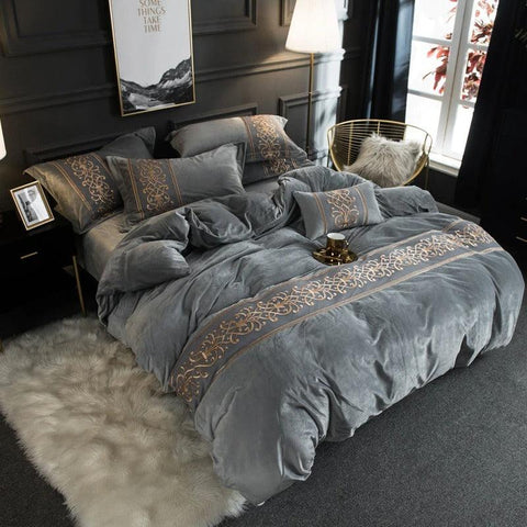 New Luxury Silvery Grey with Skin Embroidered Velvet Duvet set - The Linen House