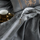 New Luxury Silvery Grey with Skin Embroidered Velvet Duvet set - The Linen House
