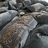 New Luxury Silvery Grey with Skin Embroidered Velvet Duvet set - The Linen House