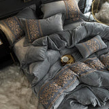 New Luxury Silvery Grey with Skin Embroidered Velvet Duvet set - The Linen House