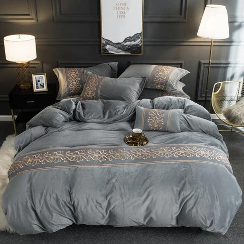 New Luxury Silvery Grey with Skin Embroidered Velvet Duvet set - The Linen House
