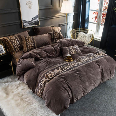 New Luxury Walnut Brown Embroidered Velvet Duvet set - The Linen House