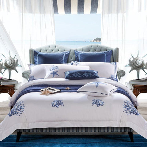 New Luxury White with Blue Embroidered Duvet - The Linen House
