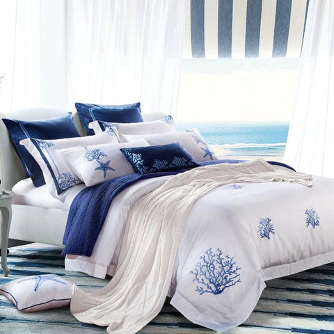 New Luxury White with Blue Embroidered Duvet - The Linen House