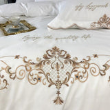 New White Elegant Cotton Satin Embroidery Bedding Duvet Set - The Linen House