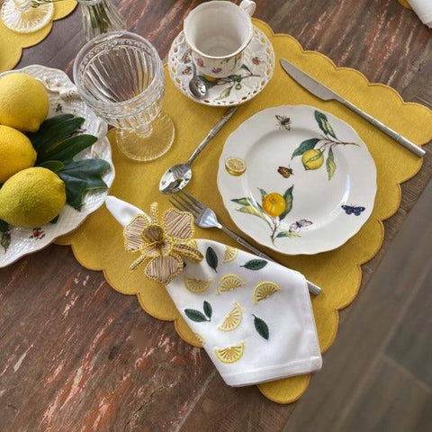 Off White Napkin & Mat with Small Lemons embroidery - The Linen House