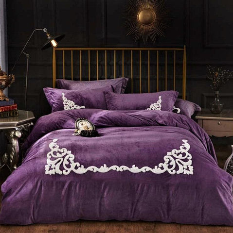 Ruffle Embroidery Velvet Purple – Luxurious and Elegant Bedding Accent - The Linen House