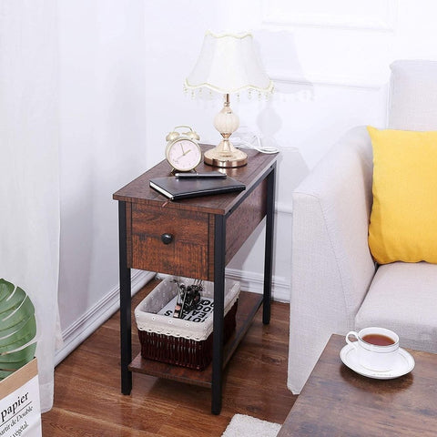 Side Table, 2 - Tier Nightstand with Drawer, Narrow End Table for Small Spaces - The Linen House