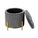 Velvet Round Storage Ottoman with Removable Lid, Gold Metal Legs - The Linen House
