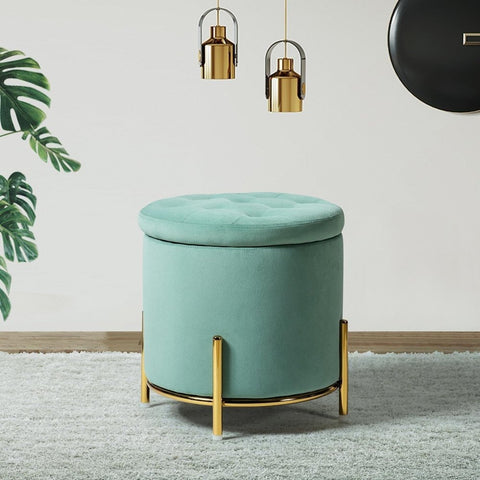 Velvet Round Storage Ottoman with Removable Lid, Gold Metal Legs - The Linen House