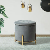 Velvet Round Storage Ottoman with Removable Lid, Gold Metal Legs - The Linen House