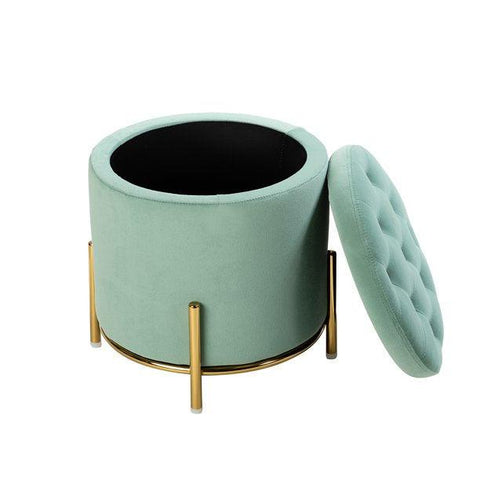 Velvet Round Storage Ottoman with Removable Lid, Gold Metal Legs - The Linen House