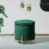 Velvet Round Storage Ottoman with Removable Lid, Gold Metal Legs - The Linen House