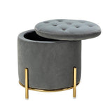 Velvet Round Storage Ottoman with Removable Lid, Gold Metal Legs - The Linen House