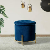 Velvet Round Storage Ottoman with Removable Lid, Gold Metal Legs - The Linen House