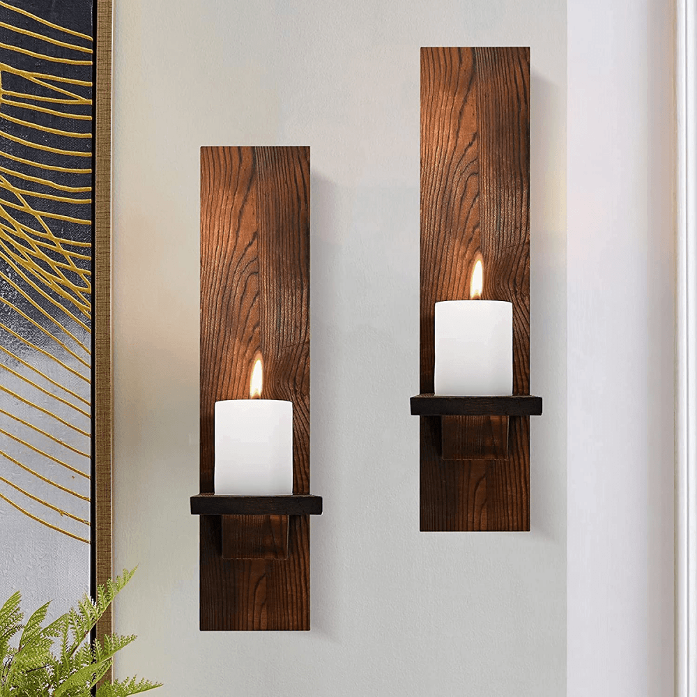 Wall Candle Sconces Set of 2, Decorative Wooden Candle Holder, Farmhouse Candle Sconce, Living Room Wall Decoration, - The Linen House